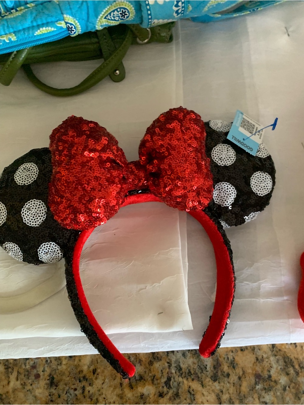 Disney parks Red Sequin Bow with Black and White Polka Dot Minnie Ears Headband